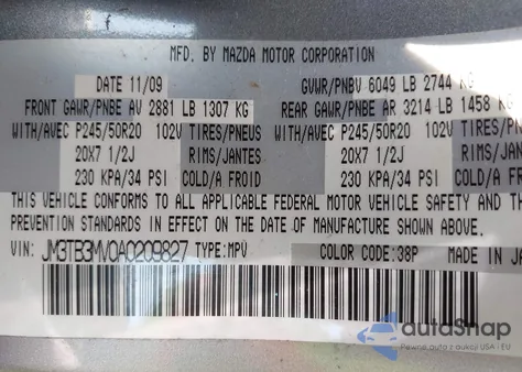 2010 Mazda Cx-9 Grand Touring z USA, uszkodzony, nr VIN JM3TB3MV0A0209827